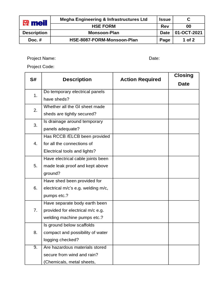 Monsoon Safety Checklist for Electrical Work | PDF