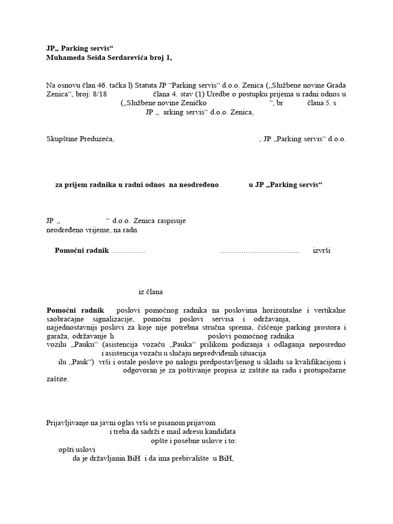 Konkurs Za Prijem Radnika Pomocni Radnik - 1212 | PDF