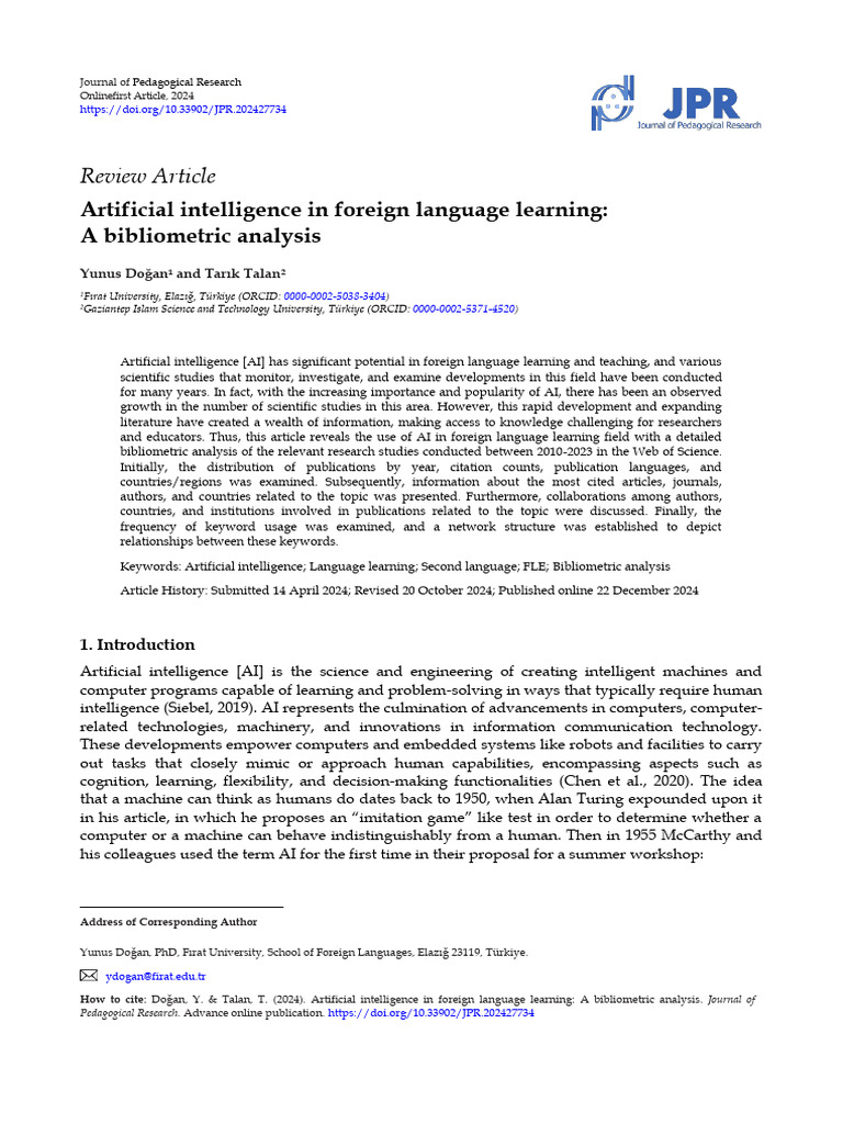 Artificial Intelligence in Foreign Language Learning A Bibliometric ...
