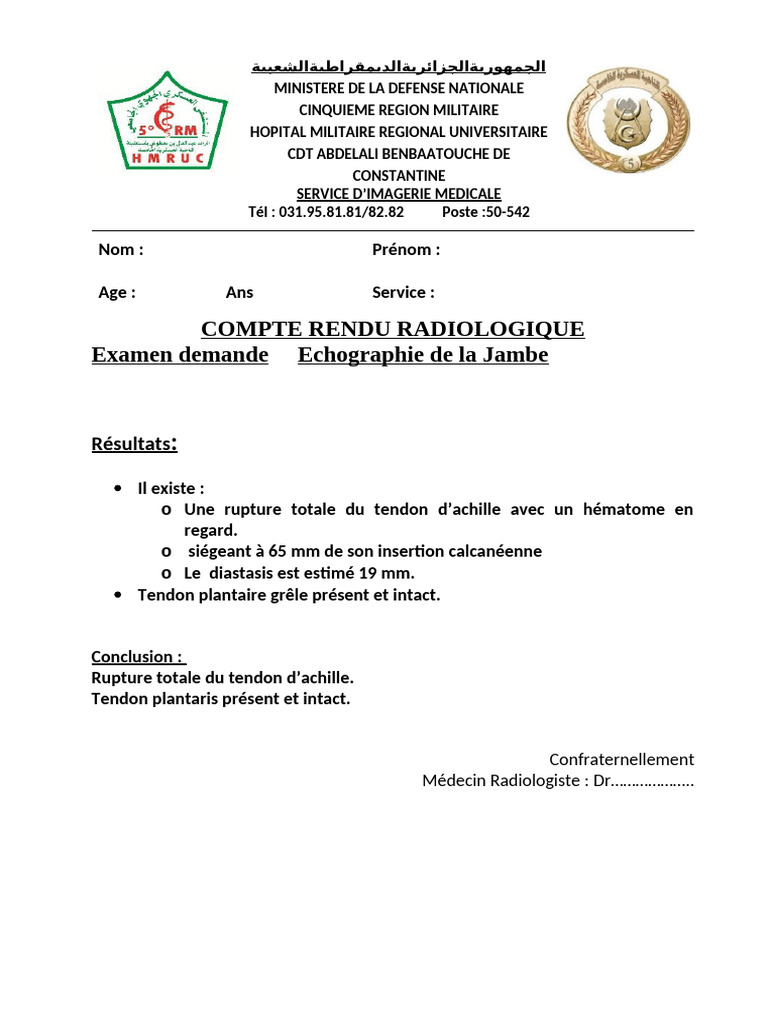Compte Rendu Radiologique : Rupture Tendon Achille | PDF