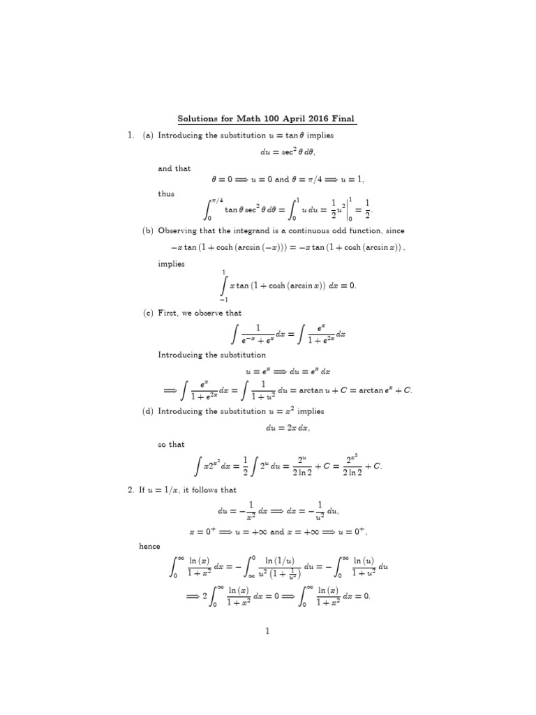 Math 100 Final Exam Solutions April 2016 | PDF | Analysis ...