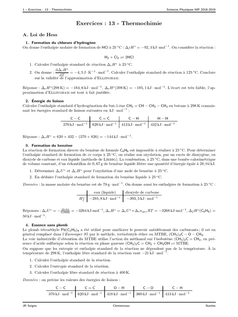 Exercices de thermochimie MP 2018-2019 | PDF | Enthalpie | Ciment