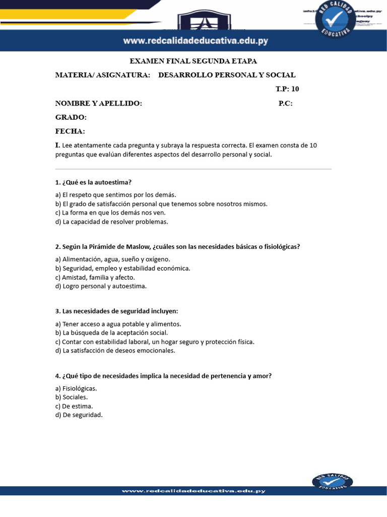 Examen de Desarrollo Personal y Social | PDF | Desarrollo personal ...