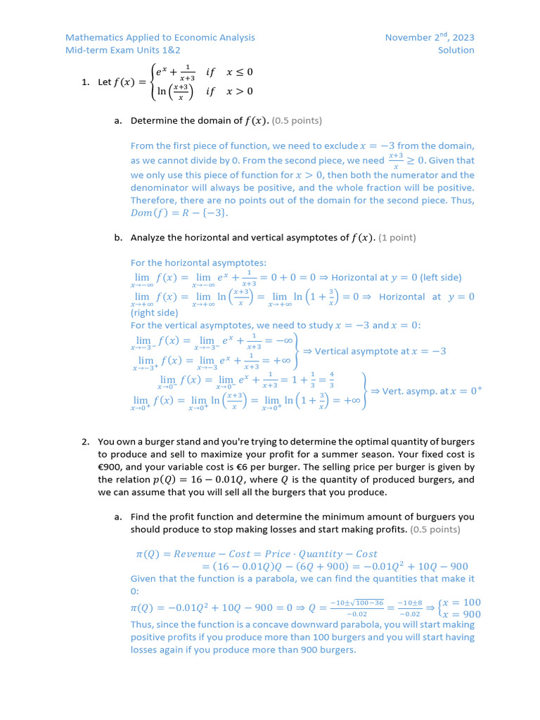 Economic Analysis: Mid-term Exam Solutions | PDF | Profit (Economics ...