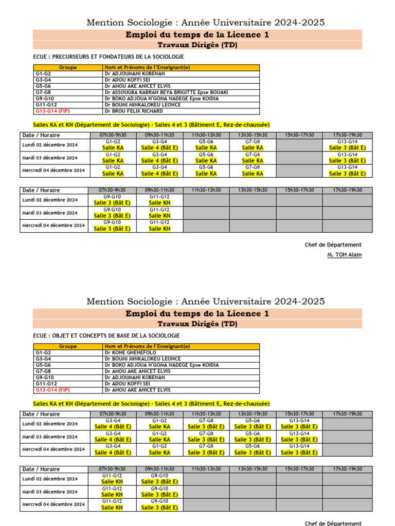 Emploi du temps Licence 1 Sociologie 2024-2025 | PDF