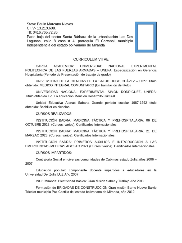 CV de Steve Marcano: Médico Integral | PDF | Hospital | Medicina
