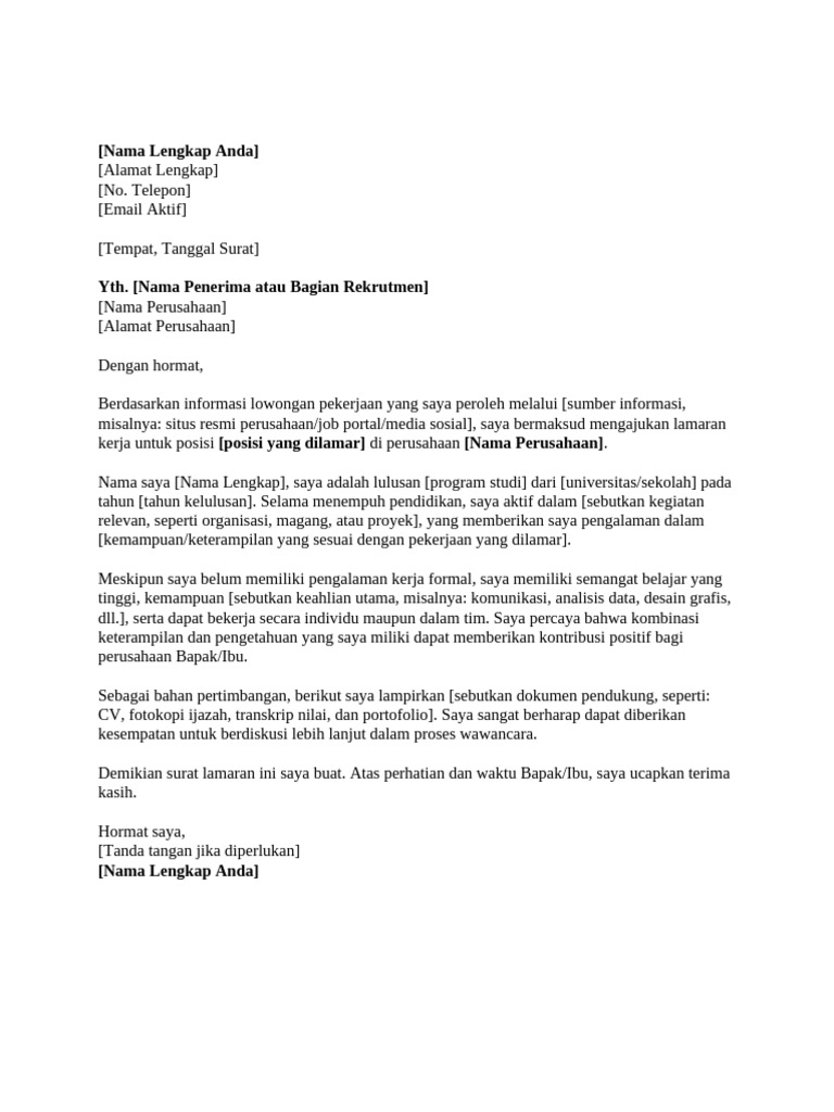 Contoh Surat Lamaran Untuk Fresh Graduate Pdf