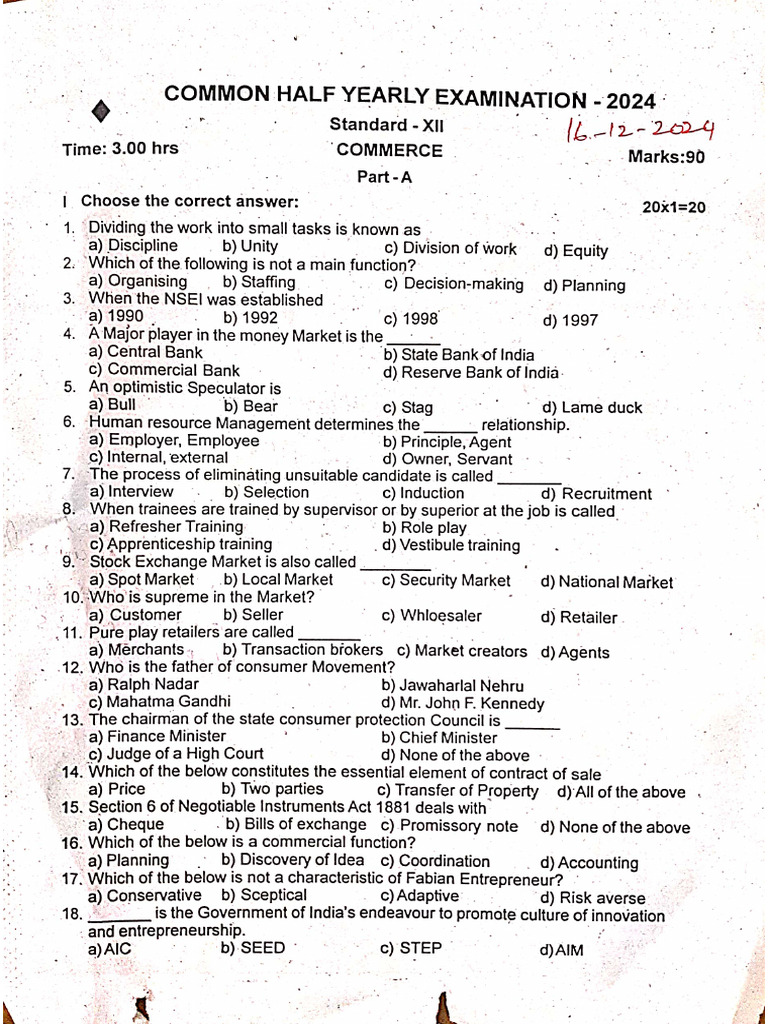 12th Commerce EM Half Yearly Exam 2024 Original Question Paper Vellore ...