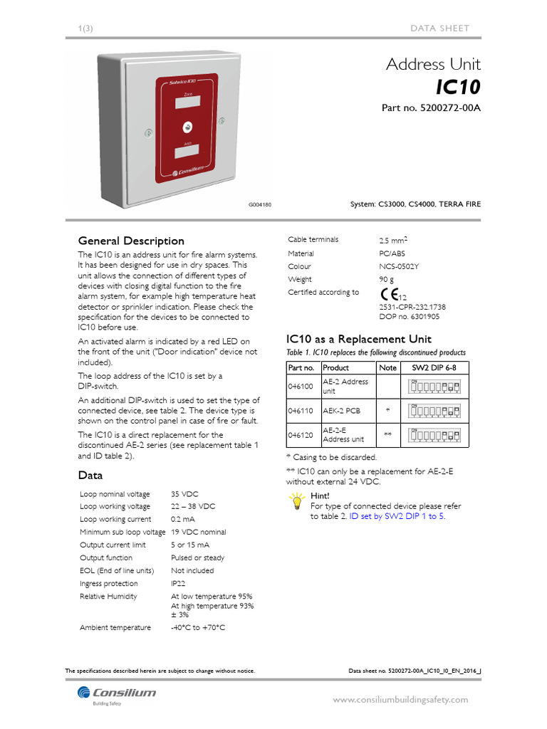 IC10 Fire Alarm Address Unit Data Sheet | PDF | Sensor | Switch