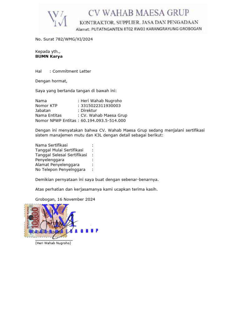 Surat Pernyataan Komitmen Sertifikasi | PDF