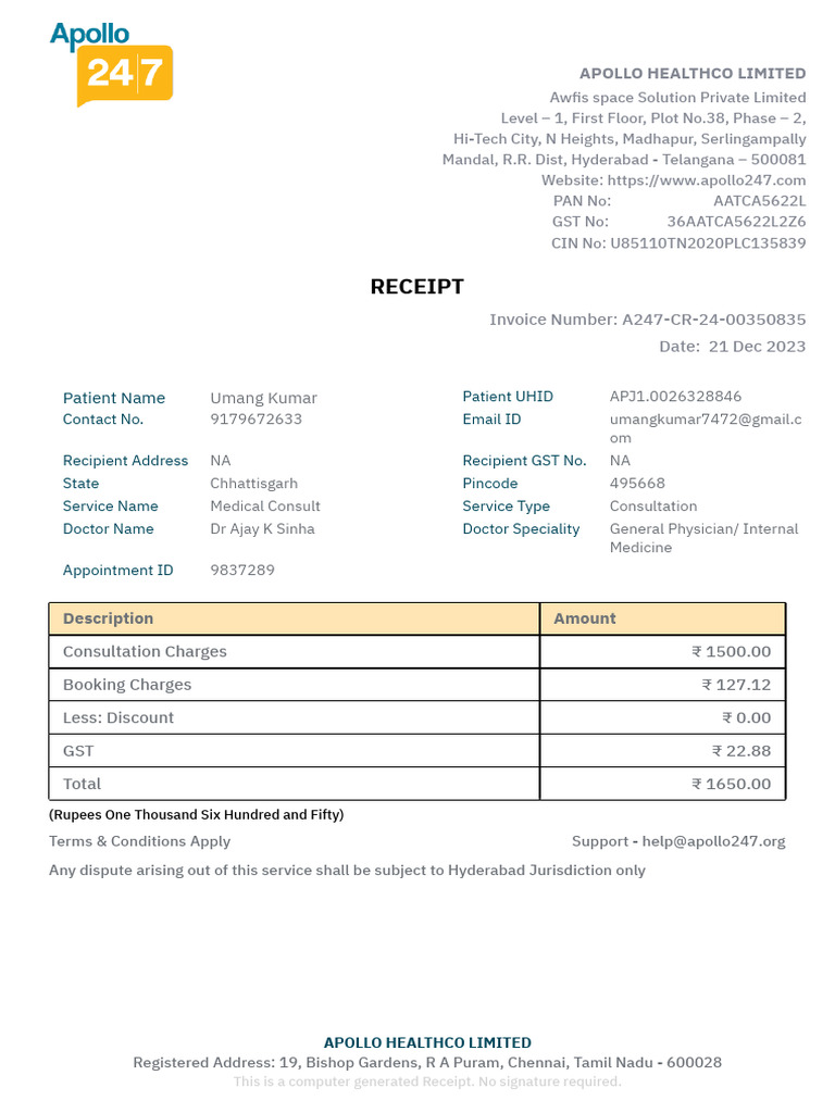 Apollo Hospital Consultation Receipt | PDF | Social Programs | Medicine