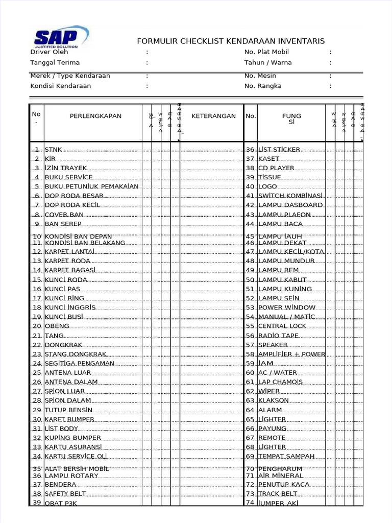 Checklist Kendaraan Inventaris PDF | PDF