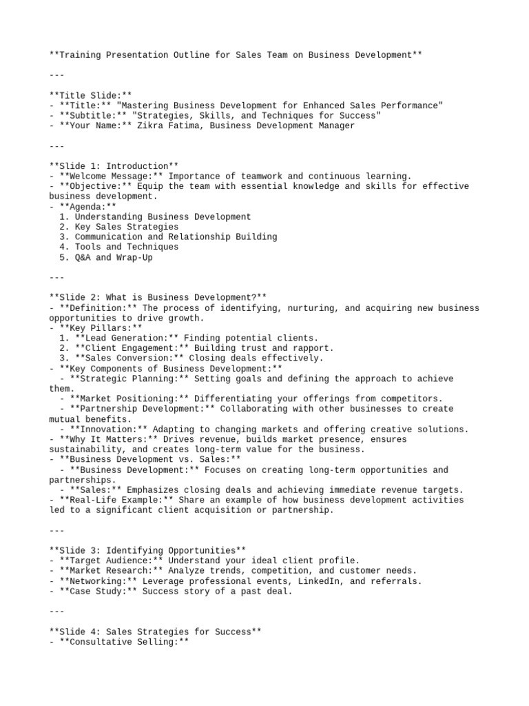 Business Development Sales Training Outline | PDF | Sales | Business