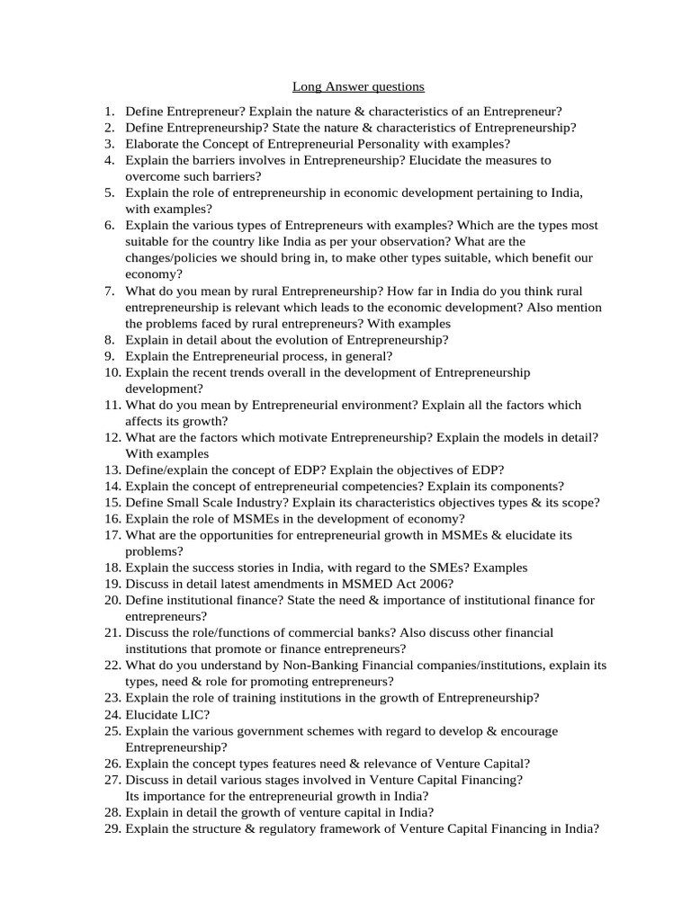 ED-Long Answer Questions | PDF | Entrepreneurship | Business
