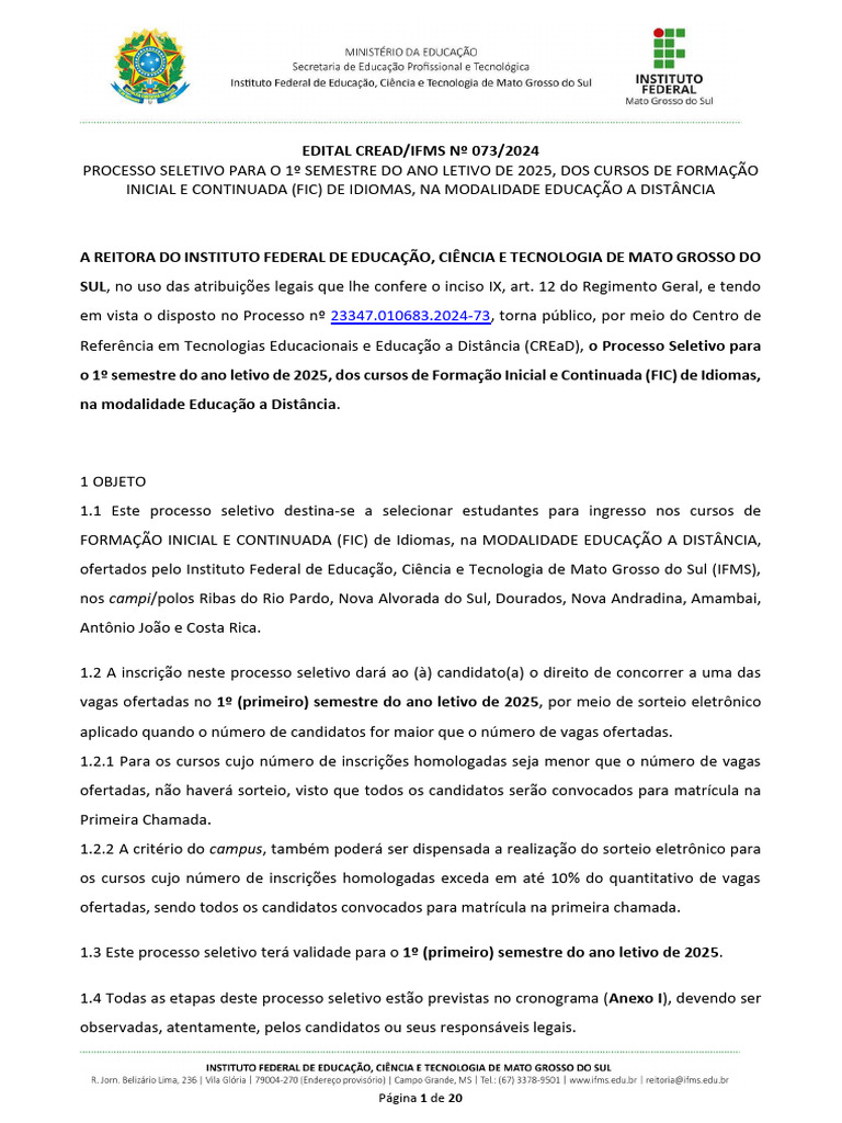 Edital No 073 2024 Formacao Inicial e Continuada Fic Idiomas Ead 2025 1 ...