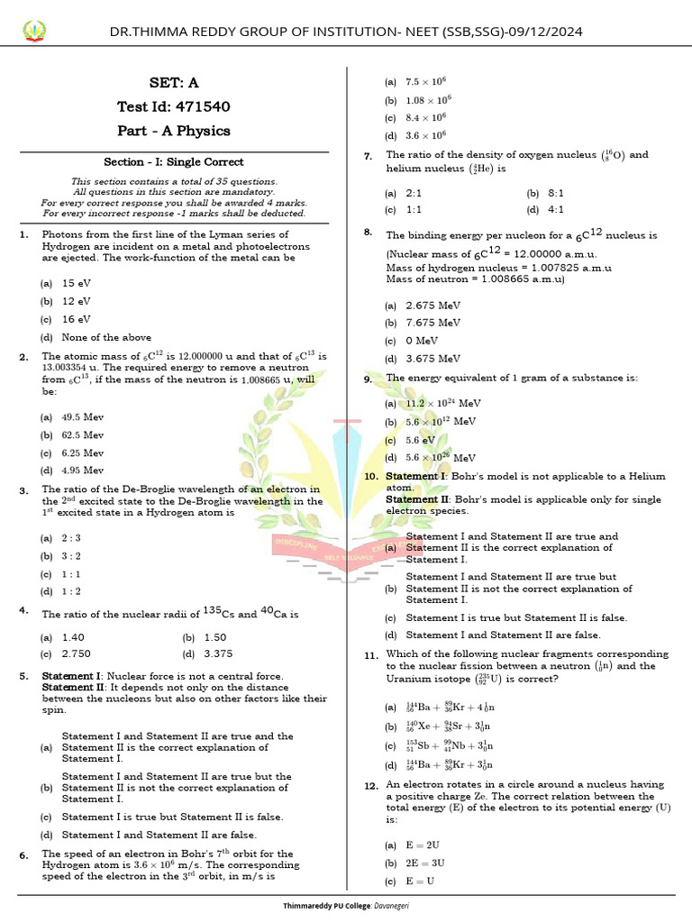 Physics NEET Exam Practice Questions | PDF | Atomic Nucleus | Neutron