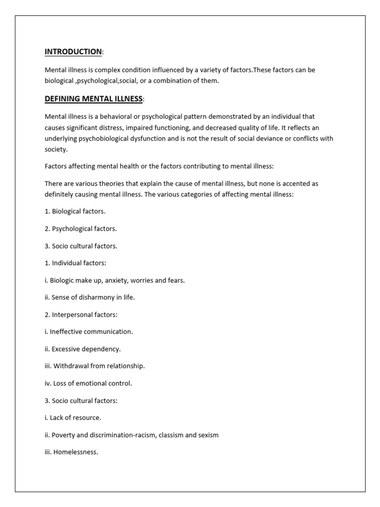 Factors Influencing Mental Illness | PDF | Mental Disorder | Mental Health