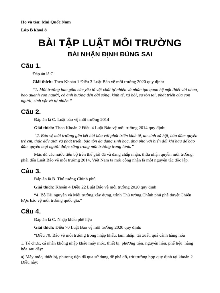 bài tập tn tl luật môi trường | PDF