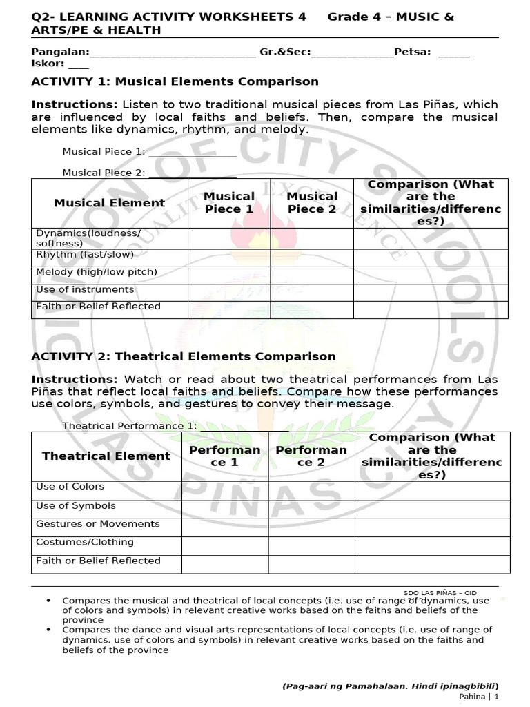 Grade 4 Music and Arts Activities | PDF | Symbols | Performing Arts