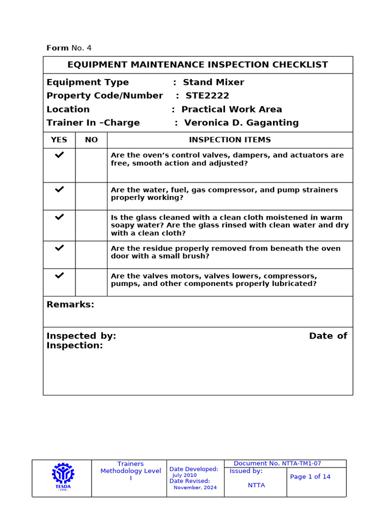 A4-Equipment Maintenance Inspection Checklist | PDF
