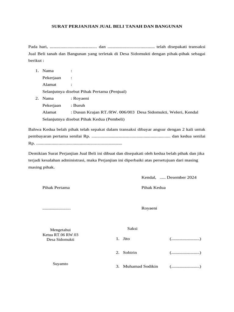 Perjanjian Jual Beli Tanah Sidomukti | PDF