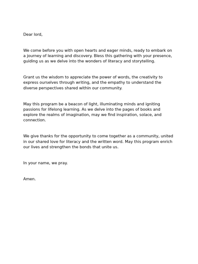 Community Prayer for Literacy Program | PDF