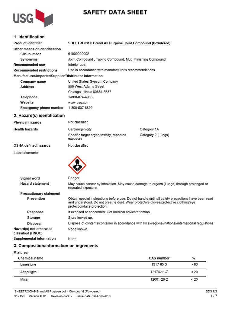 Usg Sheetrock All Purpose Joint Compound Powder Sds en 61000020002 ...