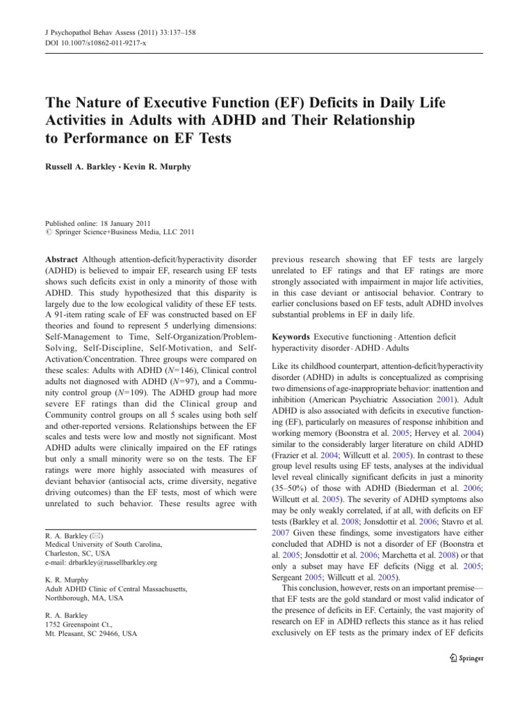 The Nature of Executive Function EF Deficits in Daily Life Activities ...