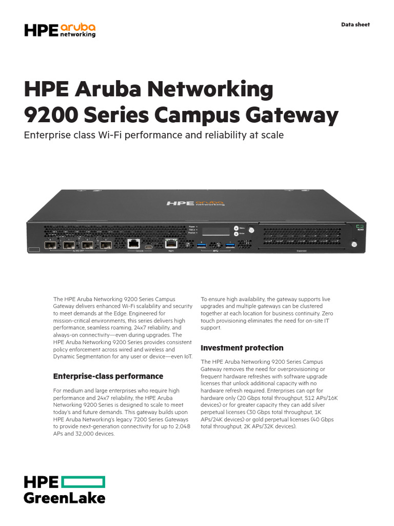 HPE Aruba 9200 Series Campus Gateway | PDF | Computer Network | Network ...