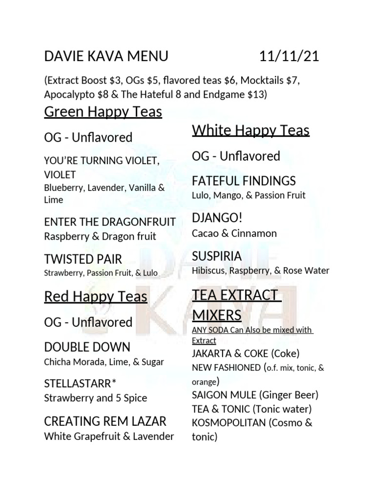 Davie Kava Menu Overview | PDF