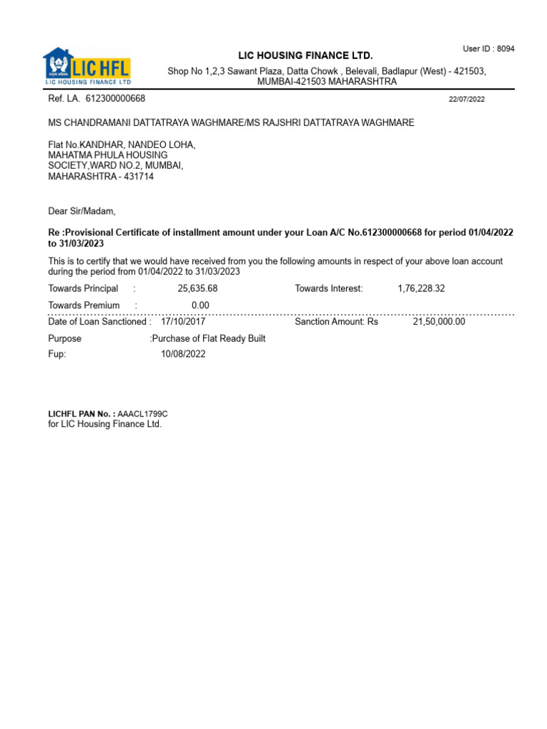 LIC Housing Finance Loan Certificate | PDF