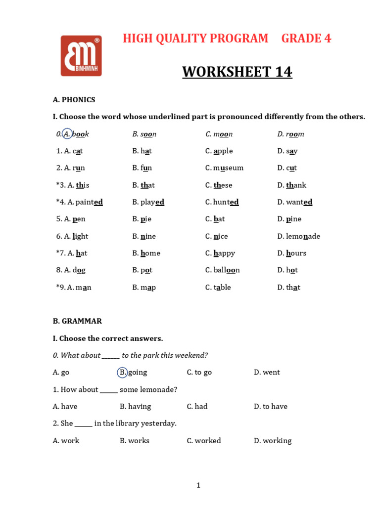 Grade 4 Phonics and Grammar Worksheet | PDF