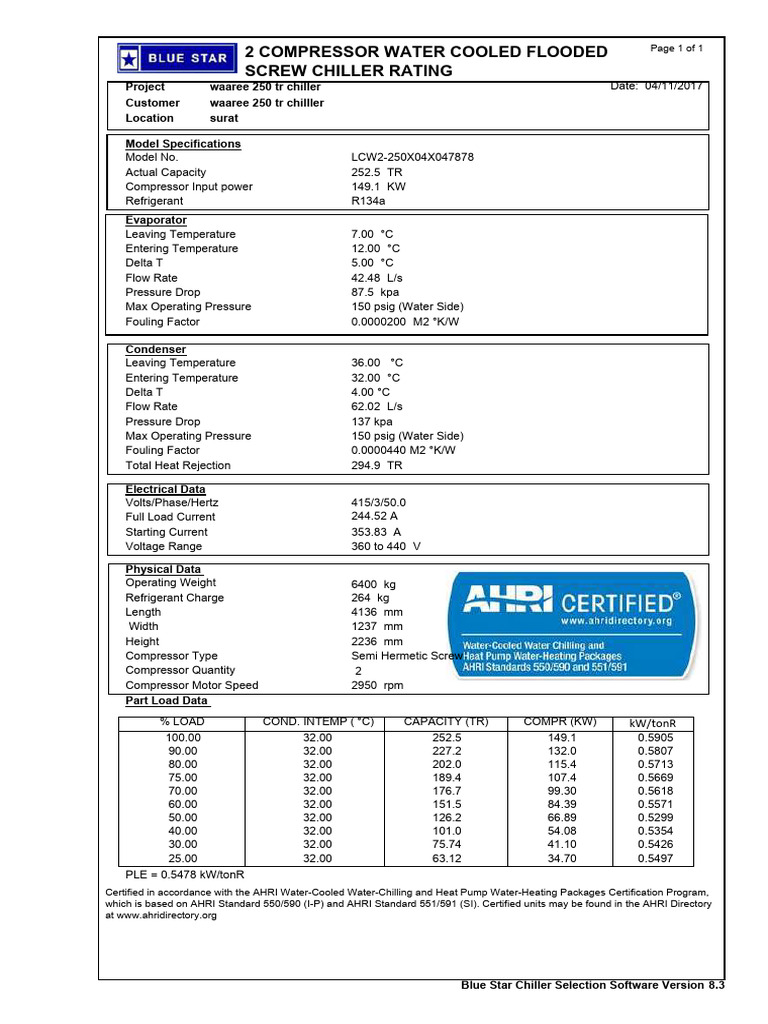 Waaree 250 TR Chiller Specifications | PDF | Electromechanical ...