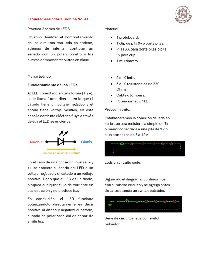 Práctica de Circuitos con LEDs en Serie | PDF | Diodo emisor de luz ...