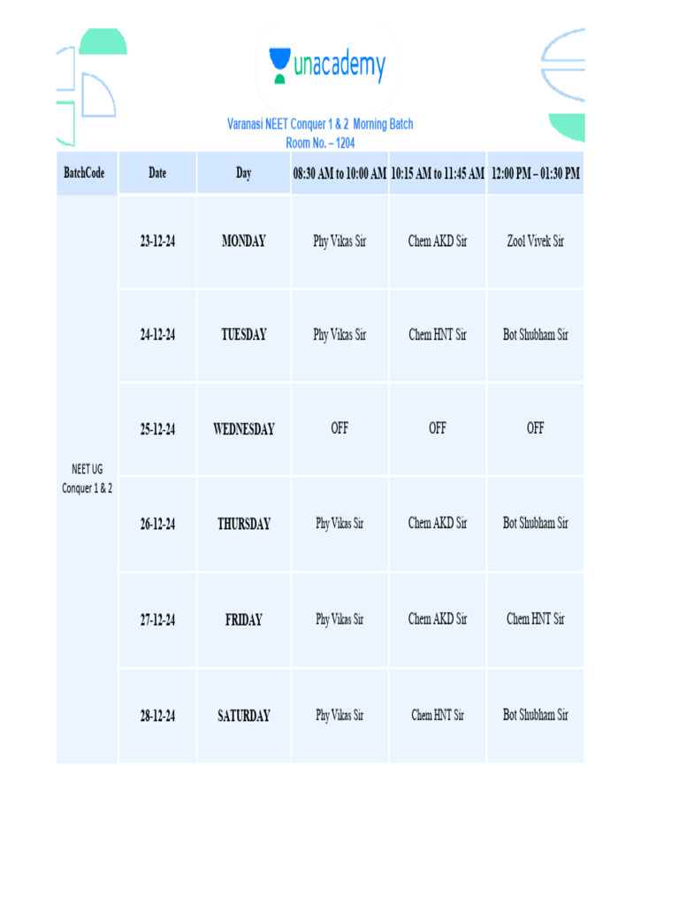 NEET 1 & 2 Time Table 23 Dec. To 28 Dec. | PDF