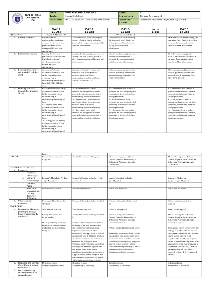 Personal Development Lesson Plan 11 | PDF | Family | Learning