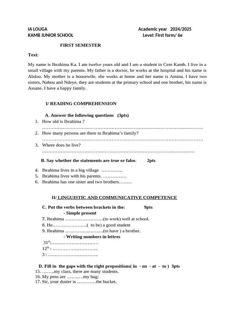 Form One English Test 2025 | PDF