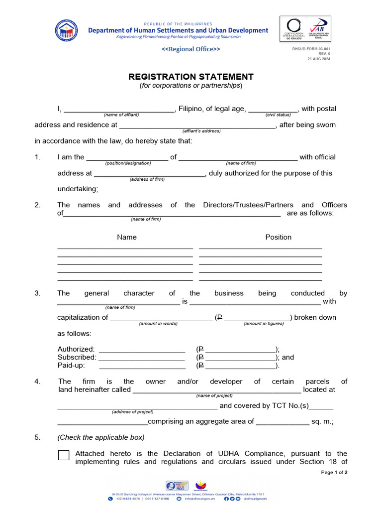 DHSUD Registration Statement Template | PDF | Government | Civil Law ...
