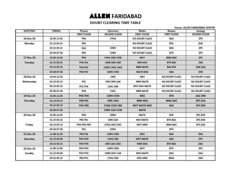 Doubt Class Time Table 16 Dec To 22 Dec | PDF