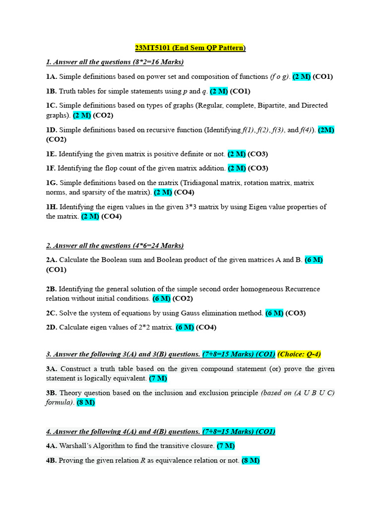 (Fog) P Q: 1. Answer All The Questions (8 2 16 Marks) | PDF | Matrix ...