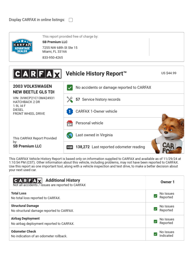 Carfax 2003 Volksw - 241219 - 141359 | PDF | Vehicles | Engines