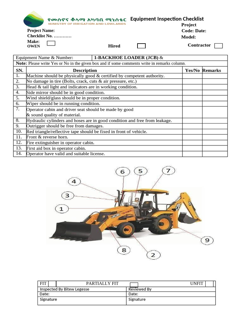 JCB Equipment Inspection Checklist | PDF | Electrical Connector | Mirror