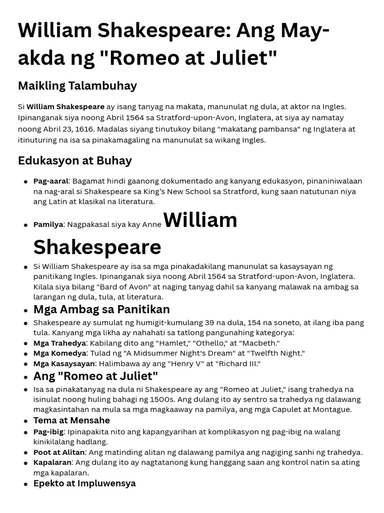 William Shakespeare Ang May-Akda NG Romeo at Juliet - 20241226 - 165715 ...