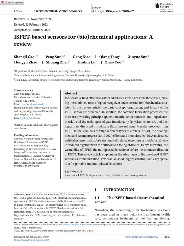 Electrochemical Science Adv - 2022 - Cao - ISFET Based Sensors For Bio ...