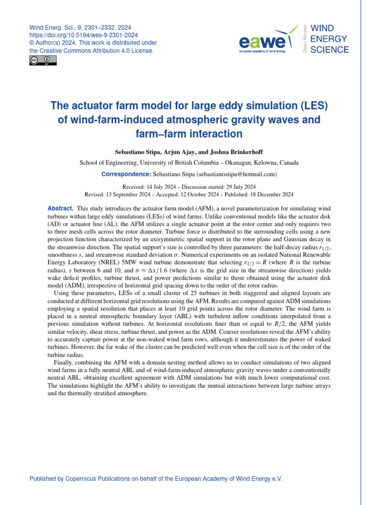 The Actuator Farm Model For Large Eddy Simulation | PDF | Turbine ...