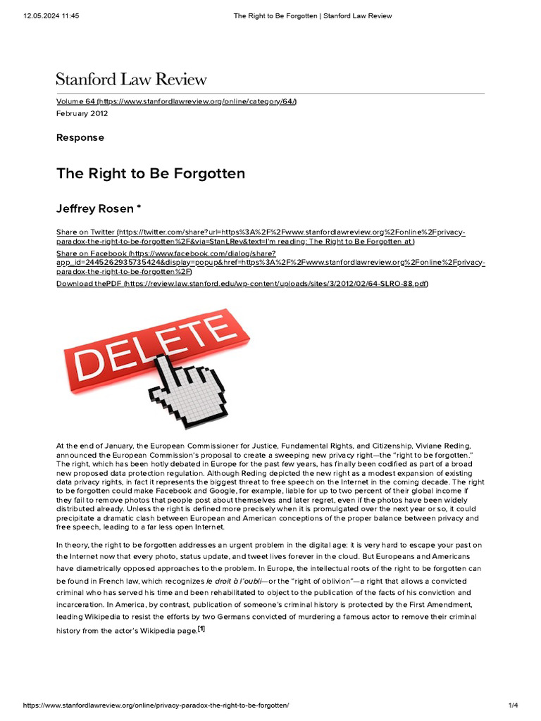 Jeffrey Rosen The Right To Be Stanford Law Review PDF