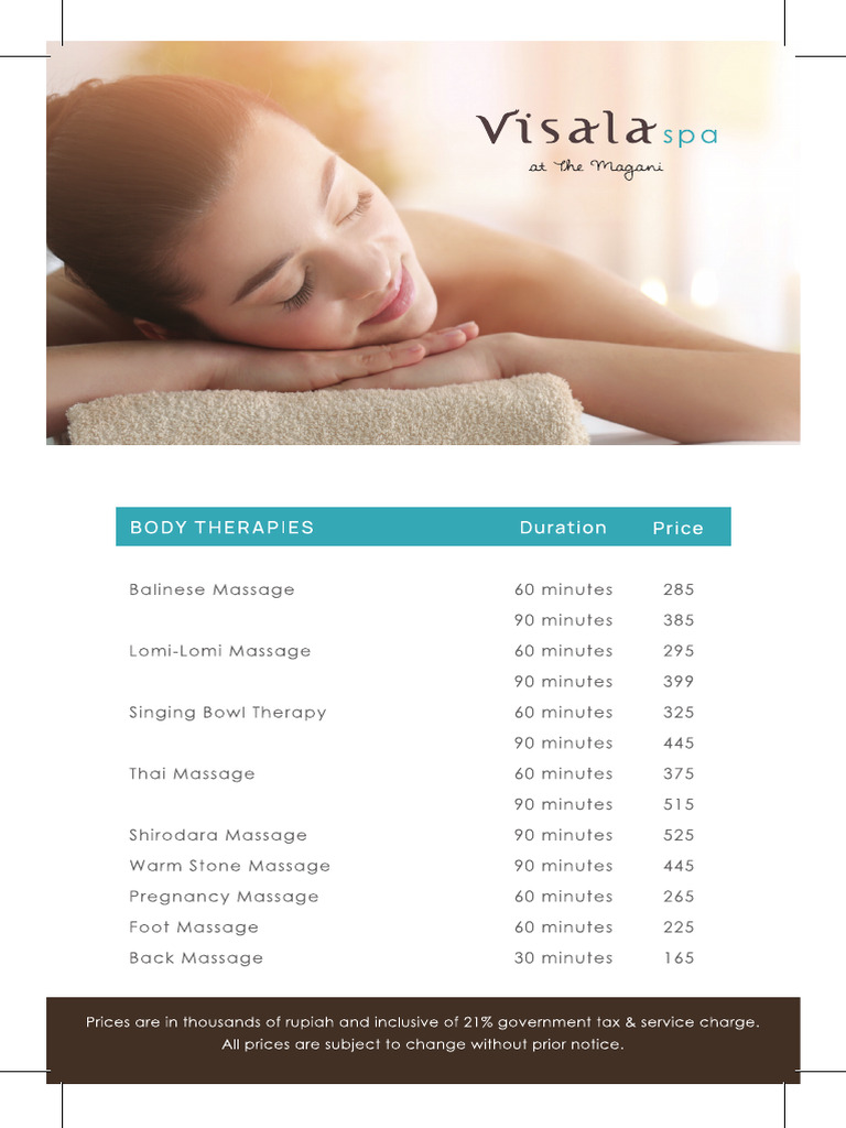 Spa Price List - Visala Spa at The Magani | PDF