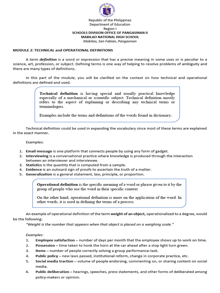 Technical vs. Operational Definitions | PDF | Definition | Jargon