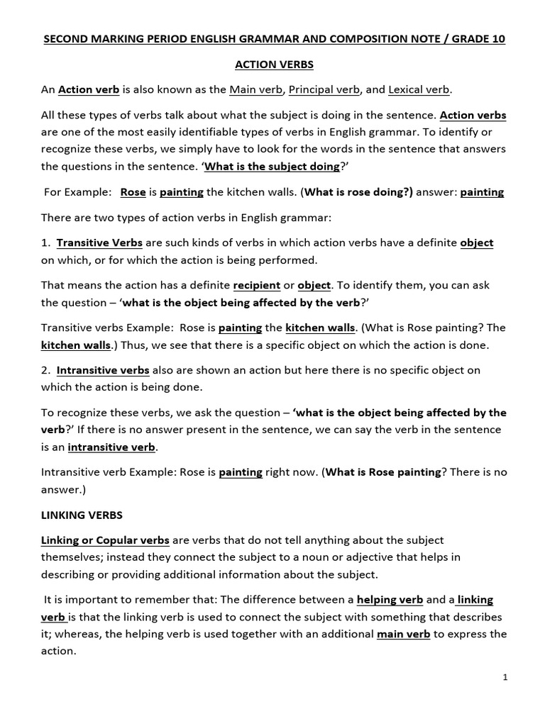 Grade 10 Sample Test Pdf Verb Subject Grammar