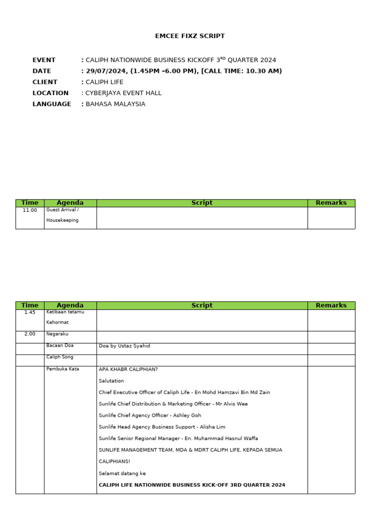 Caliph Life Business Kickoff Script 2024 | PDF
